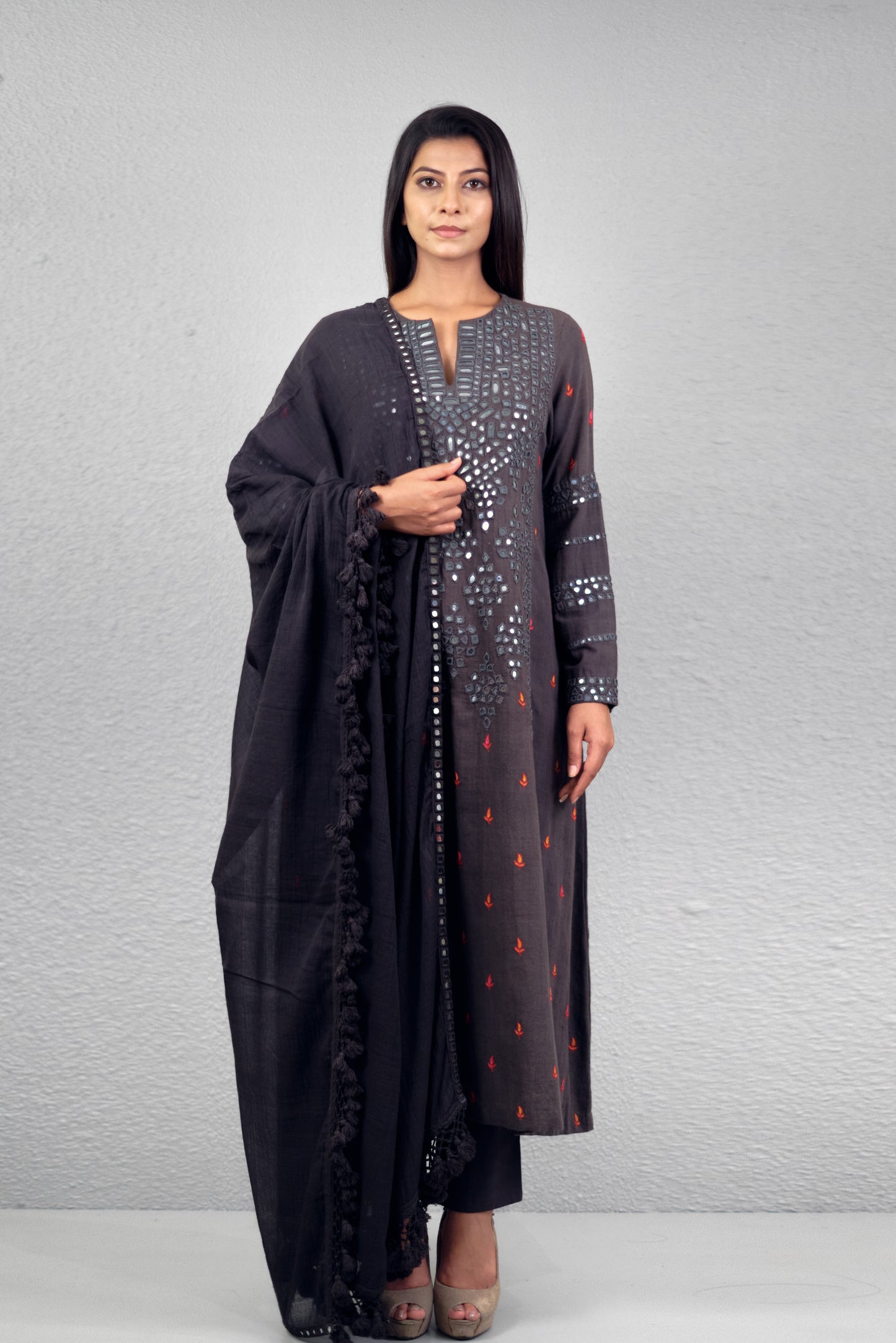 Grey abha jali yoke kurta