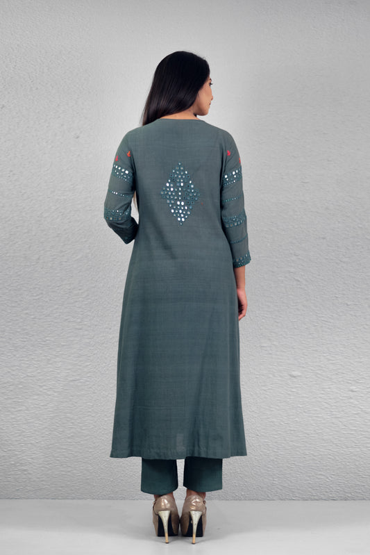 Sage green abha jali yoke kurta