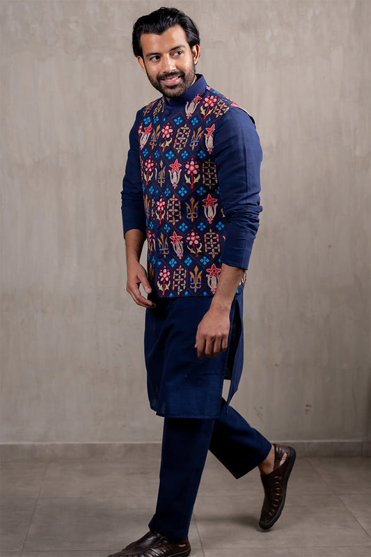 Indigo Morracon Embroidered Bandhgala