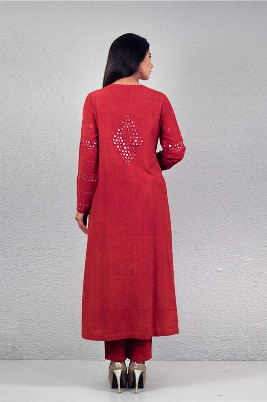 Red abha jali yoke kurta