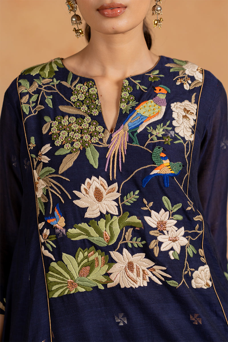 Bagh - Dark Blue Parsi Hand Embroidered Kurta