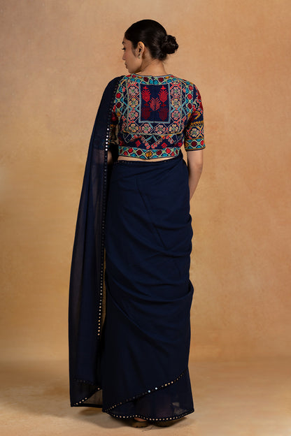 Abhla - Navy Blue Mirror Embroidered Saree