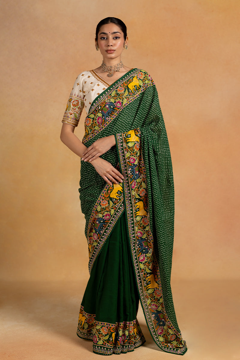 Vanraj - Green Bandhani Saree