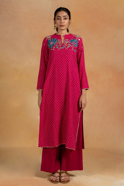 Gulabi - Pink Bandhani Hand Embroidered Kurta