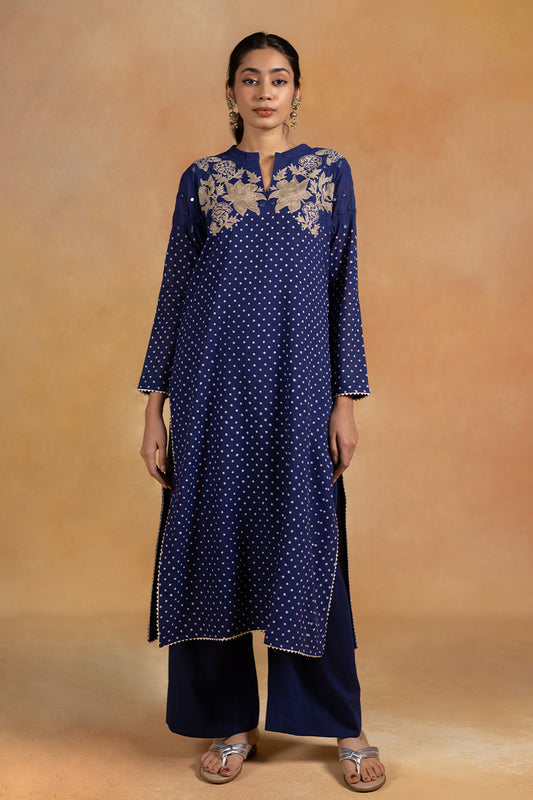 Ambar - Blue Bandhani Hand Embroidered Kurta