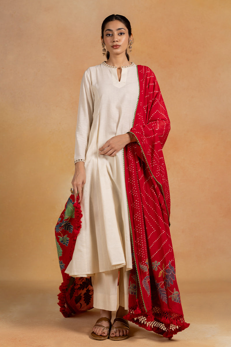 Abir -  Red Bandhani Aari Embroidered Dupatta