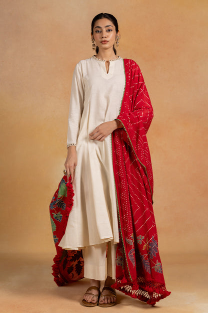 Abir -  Red Bandhani Aari Embroidered Dupatta