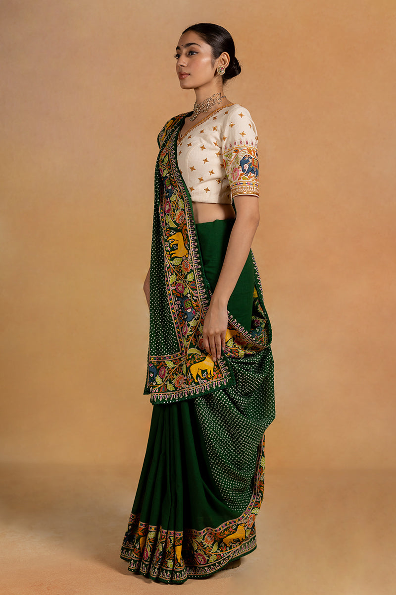 Vanraj - Green Bandhani Saree
