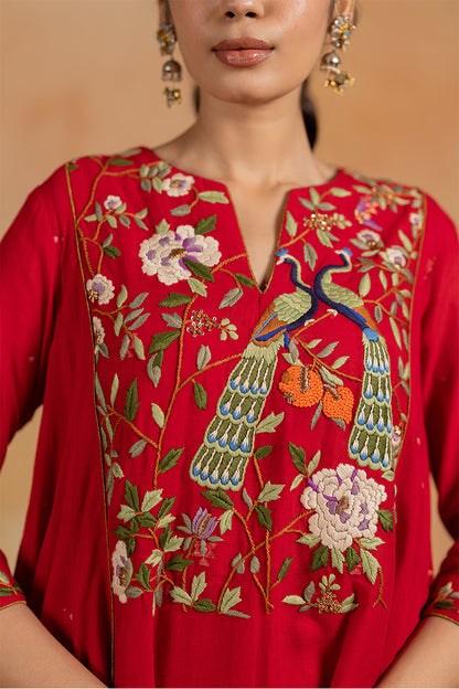 Morni - Red Parsi Hand Embroidered Kurta