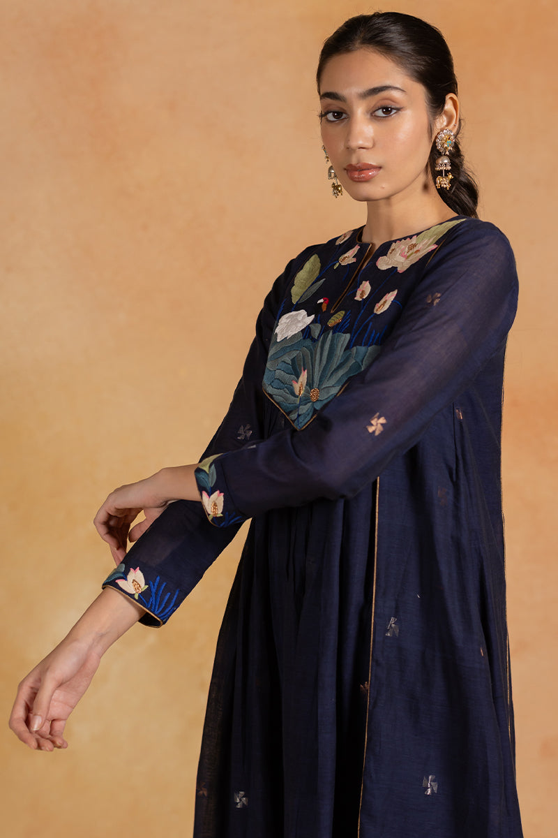 Jheel - Dark Blue Parsi Embroidery Kurta