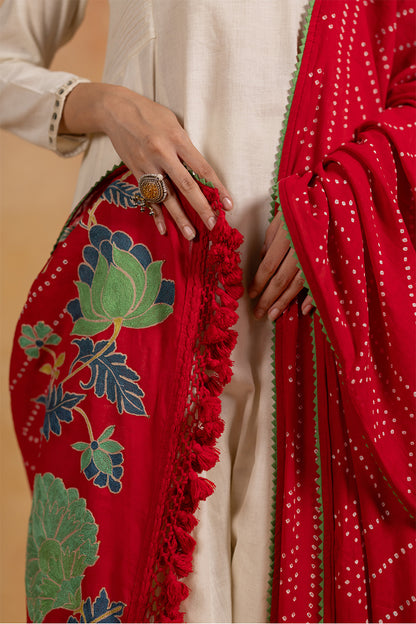 Abir -  Red Bandhani Aari Embroidered Dupatta