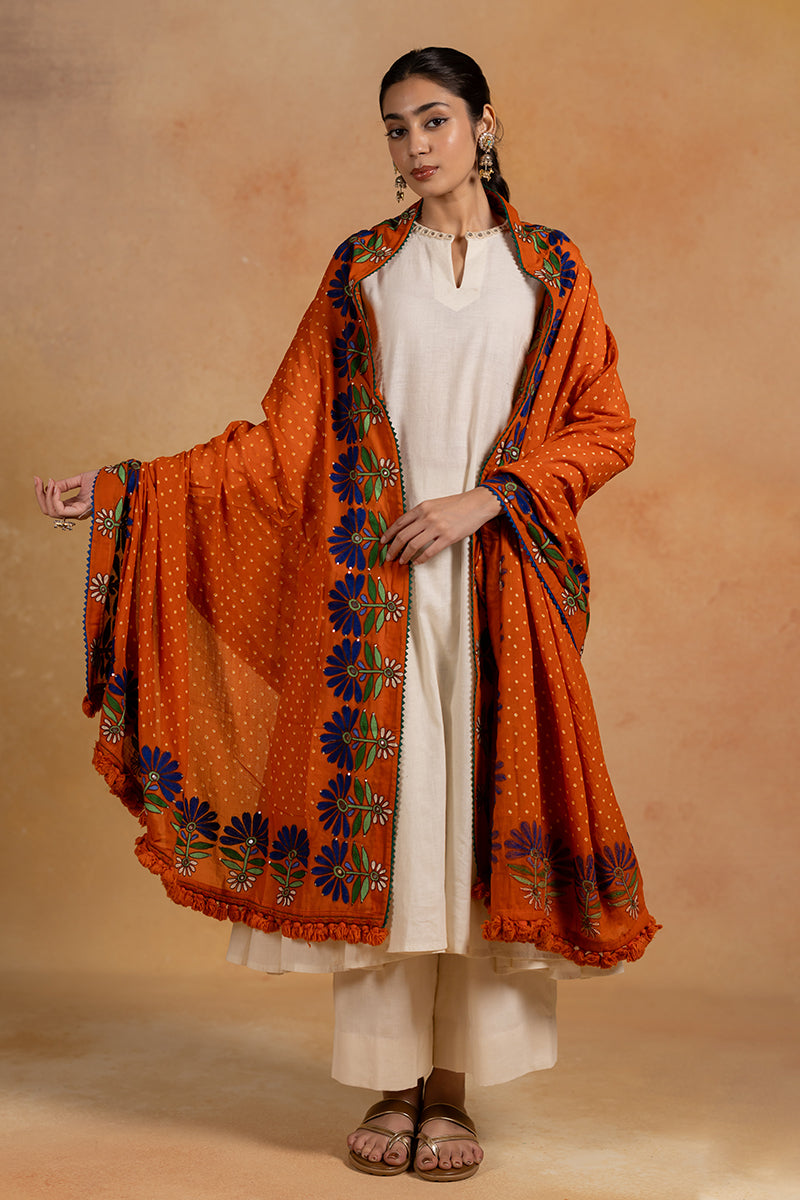 Kesari -  Orange Bandhani Aari Embrodiered Dupatta