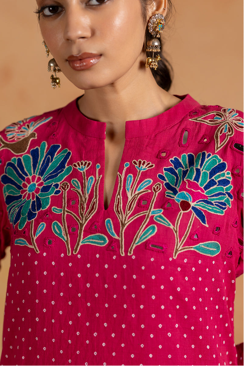 Gulabi - Pink Bandhani Hand Embroidered Kurta