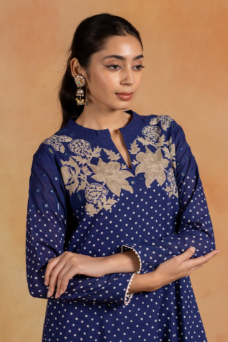 Ambar - Blue Bandhani Hand Embroidered Kurta