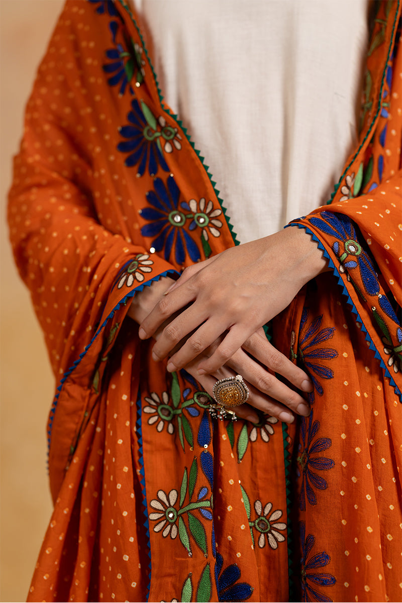 Kesari -  Orange Bandhani Aari Embrodiered Dupatta