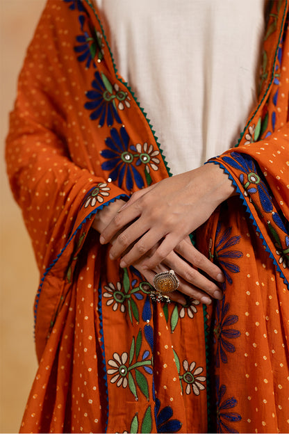 Kesari -  Orange Bandhani Aari Embrodiered Dupatta
