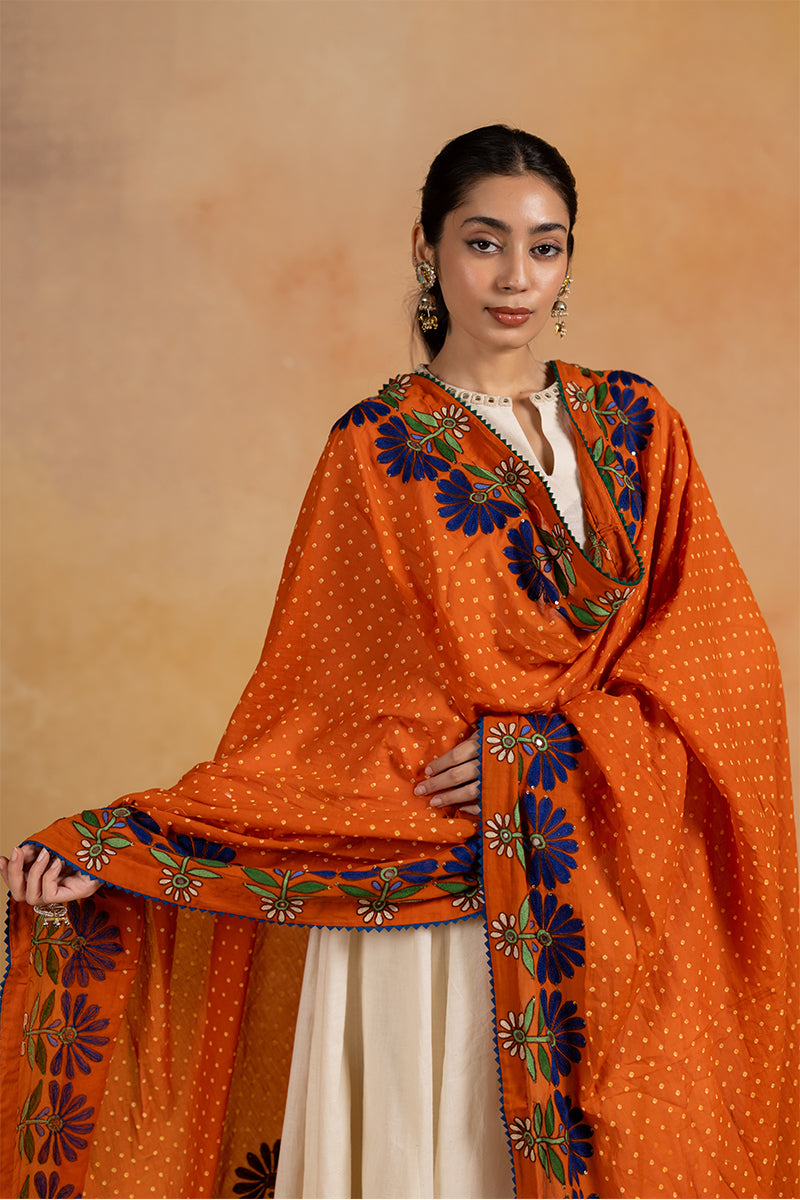Kesari -  Orange Bandhani Aari Embrodiered Dupatta