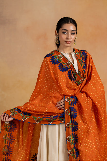 Kesari -  Orange Bandhani Aari Embrodiered Dupatta