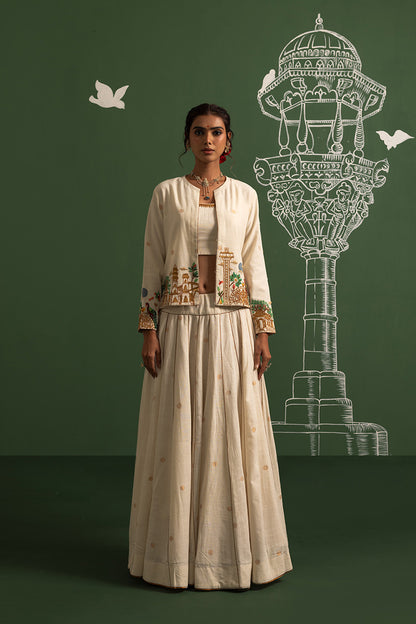 Off-white handwoven zari butti chaniya