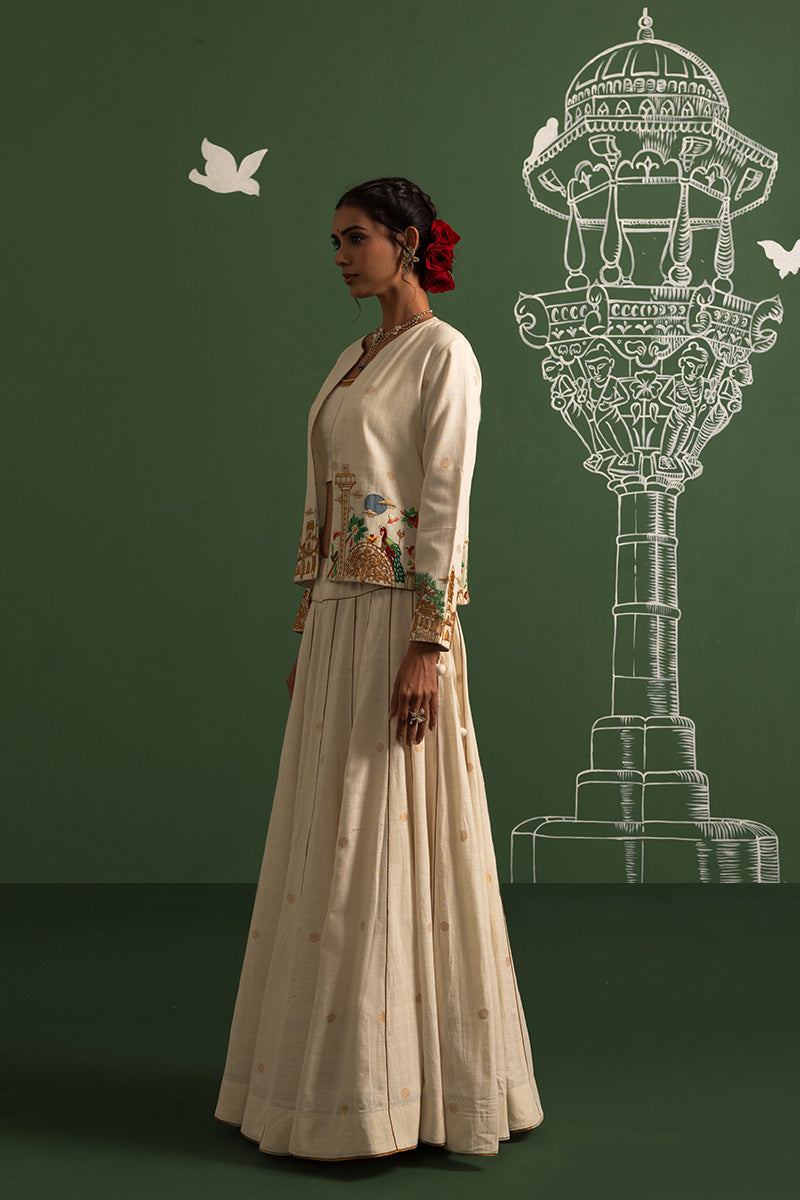 Off-white handwoven zari butti chaniya
