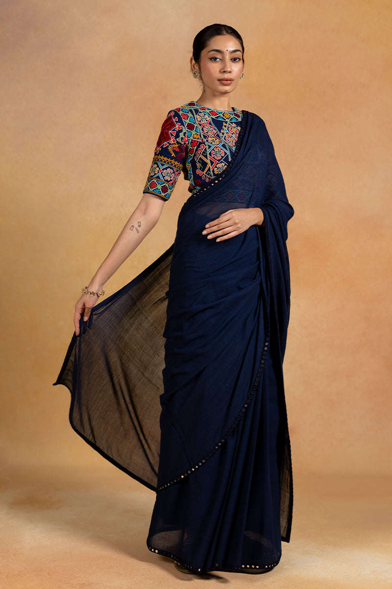 Abhla - Navy Blue Mirror Embroidered Saree