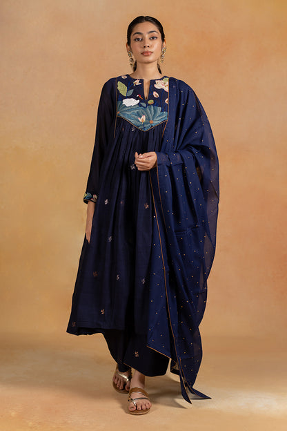 Jheel - Dark Blue Parsi Embroidery Kurta