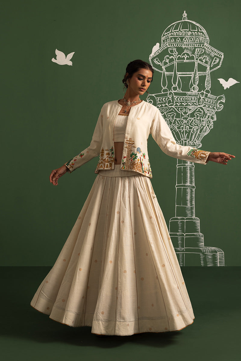 Off-white handwoven zari butti chaniya