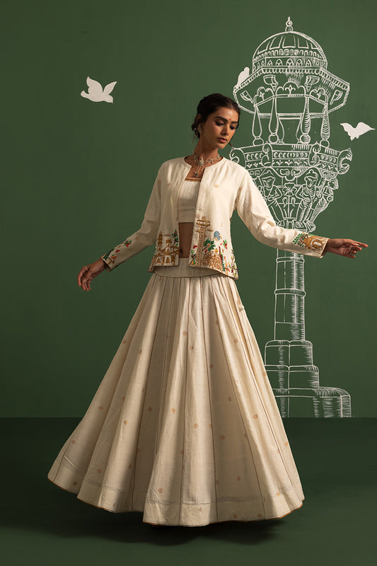 Off-white handwoven zari butti chaniya