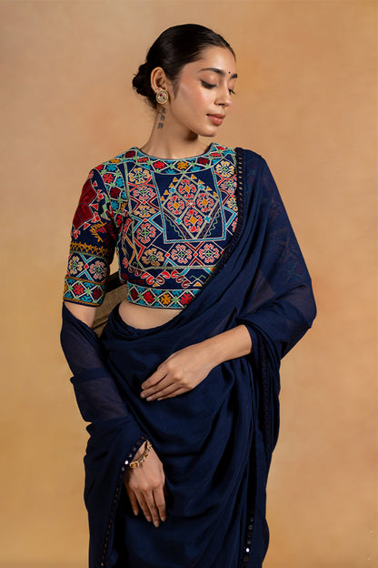 Abhla - Navy Blue Mirror Embroidered Saree