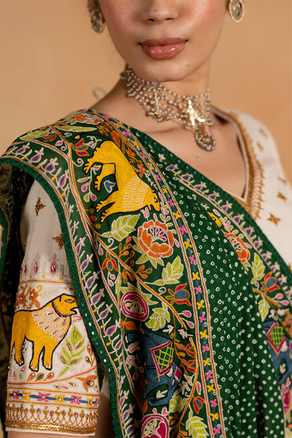 Vanraj - Green Bandhani Saree