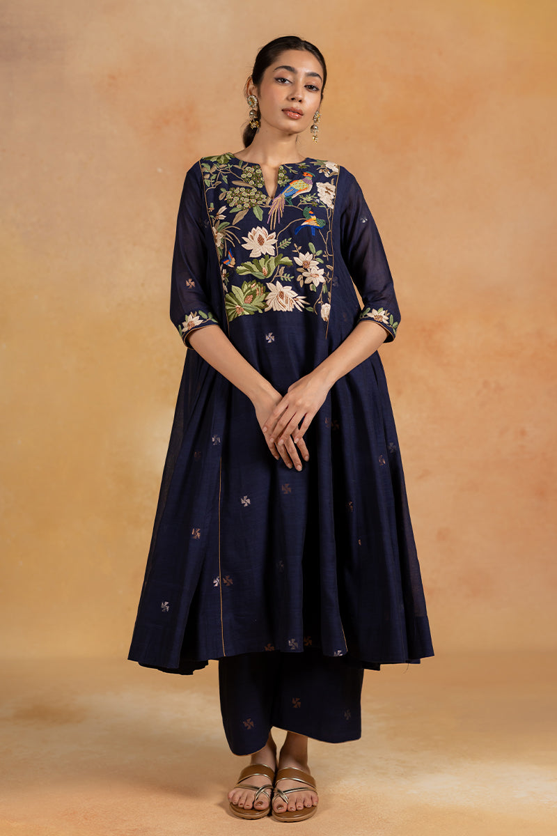 Bagh - Dark Blue Parsi Hand Embroidered Kurta