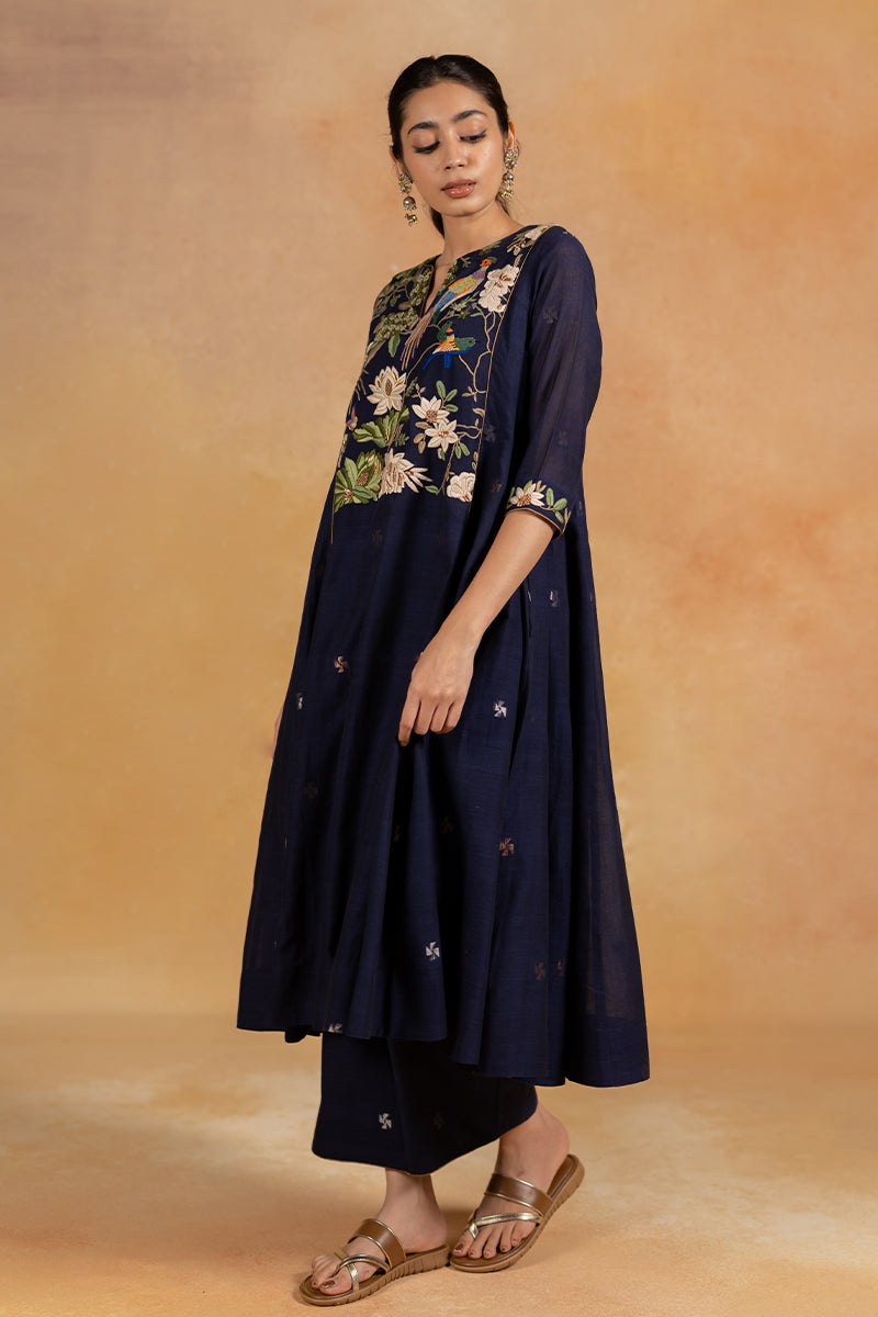 Bagh - Dark Blue Parsi Hand Embroidered Kurta