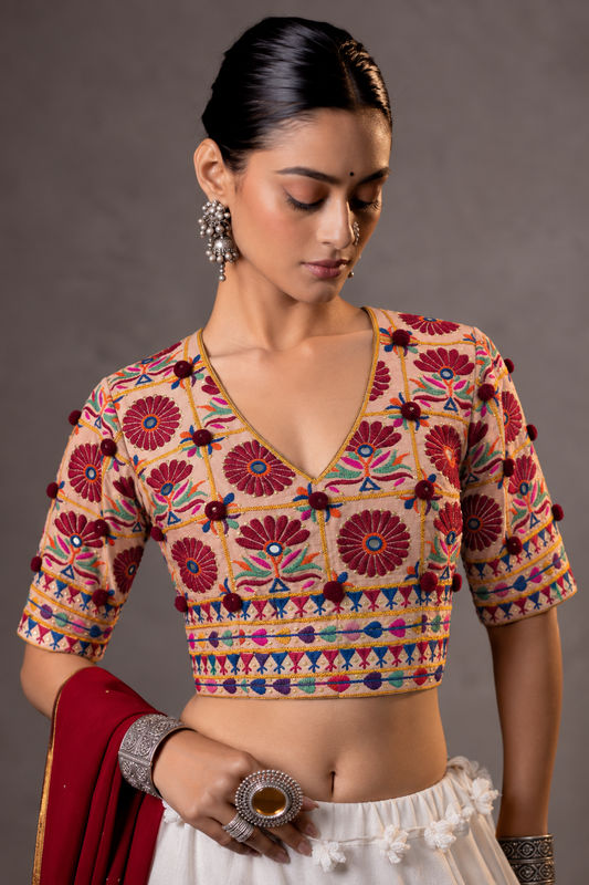 Aarambh - Peach Hand Embroidered Floral Blouse