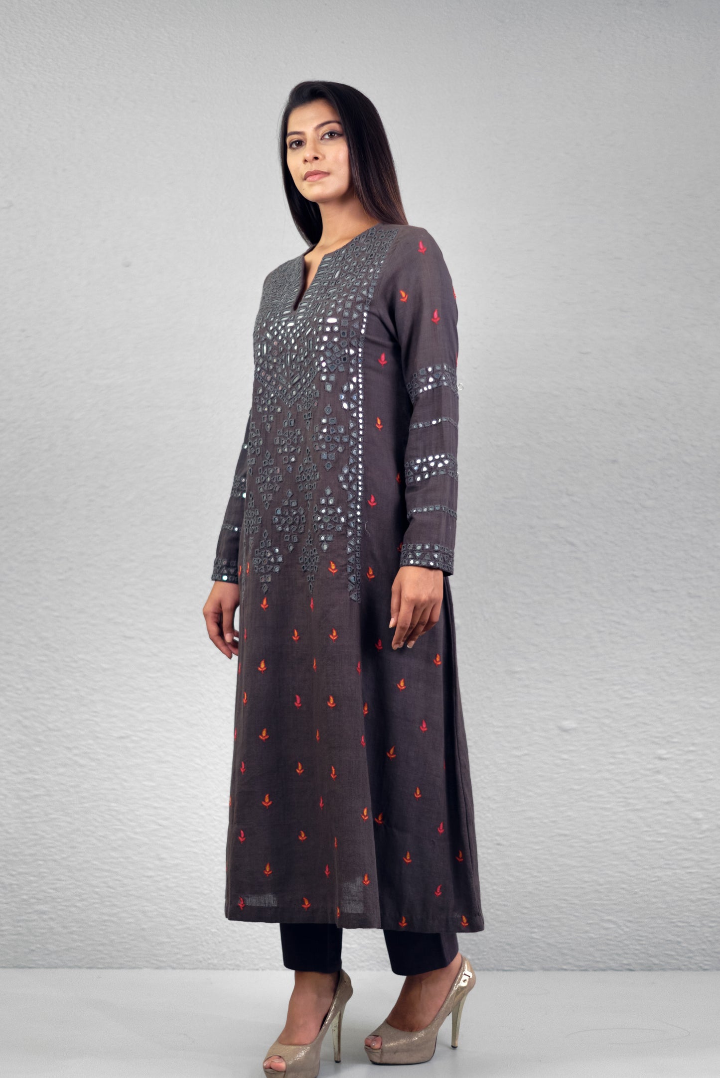 Grey abha jali yoke kurta