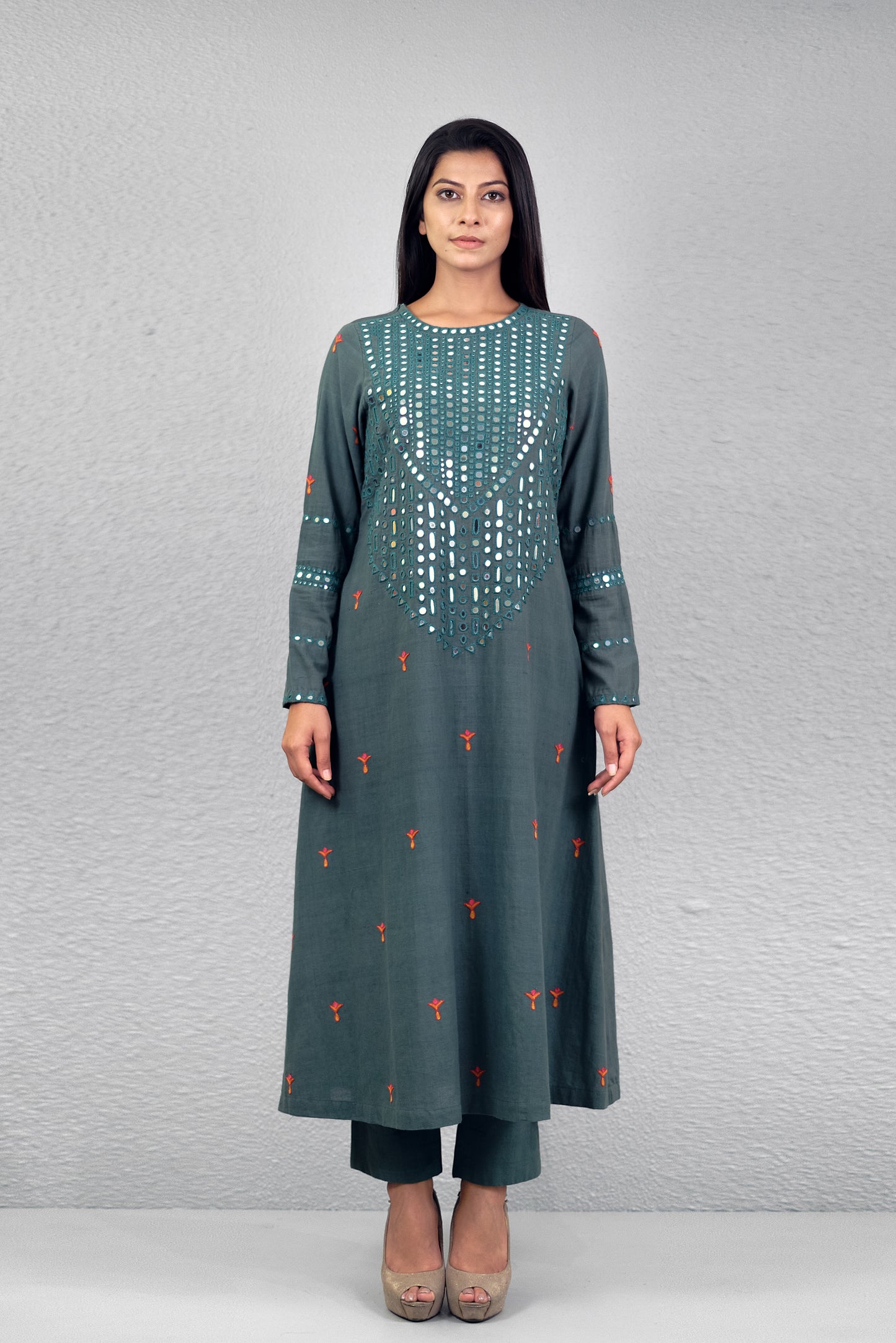 Sage green abha toran yoke kurta