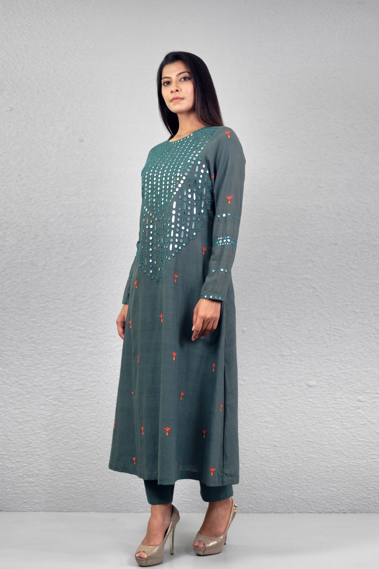 Sage green abha toran yoke kurta