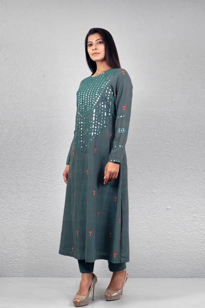 Sage green abha toran yoke kurta