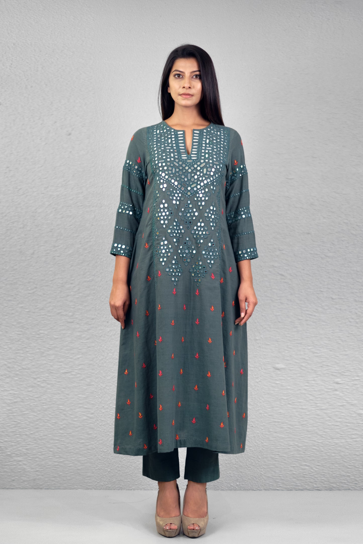 Sage green abha jali yoke kurta
