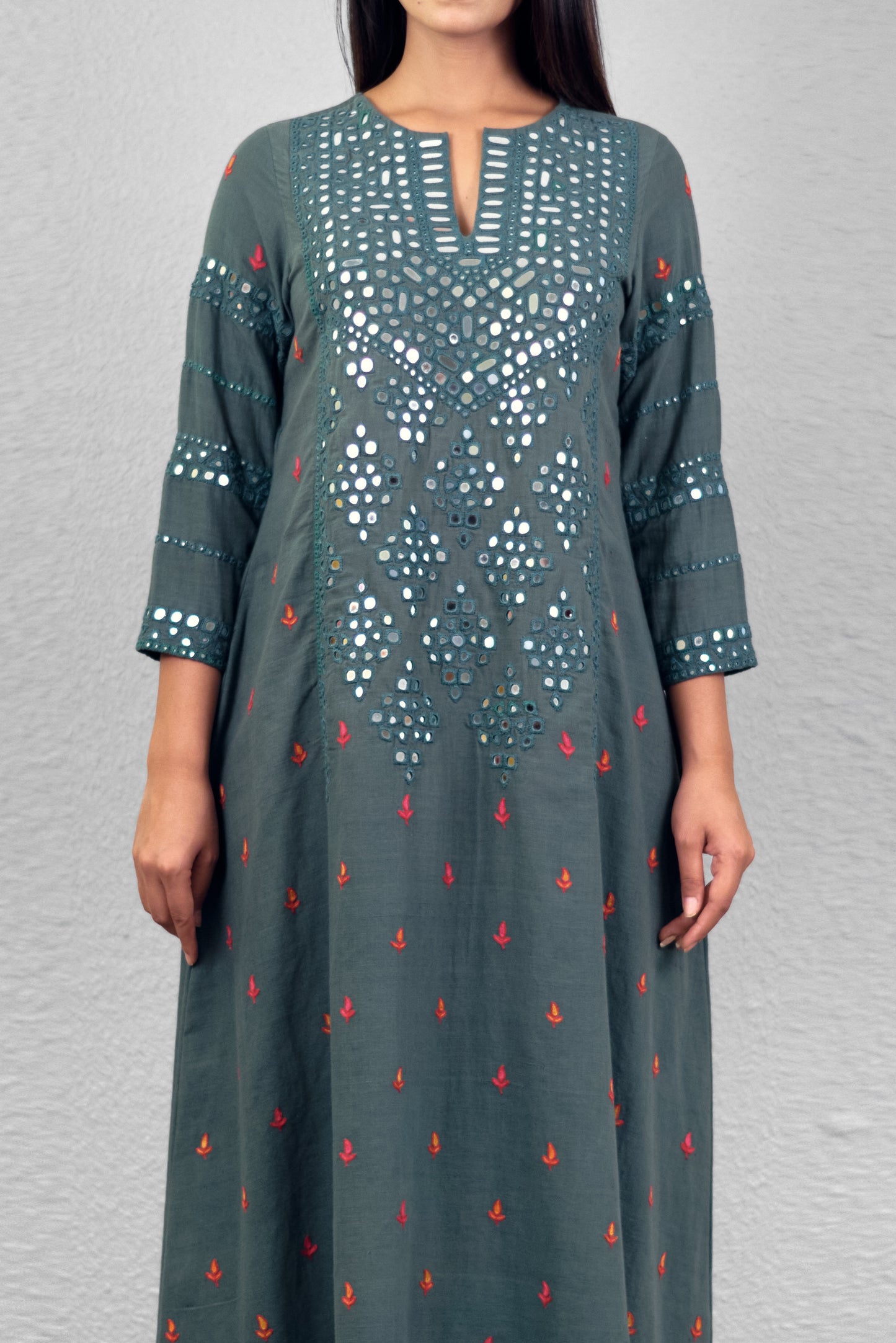 Sage green abha jali yoke kurta