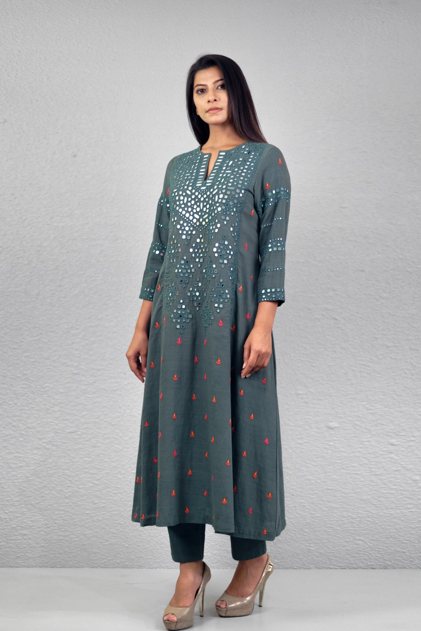 Sage green abha jali yoke kurta