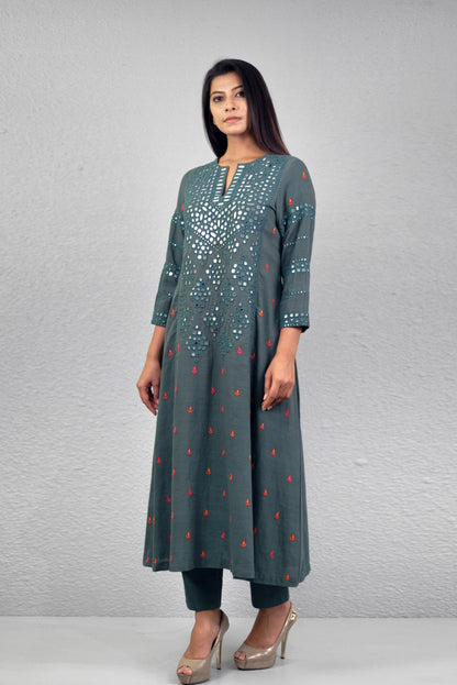 Sage green abha jali yoke kurta