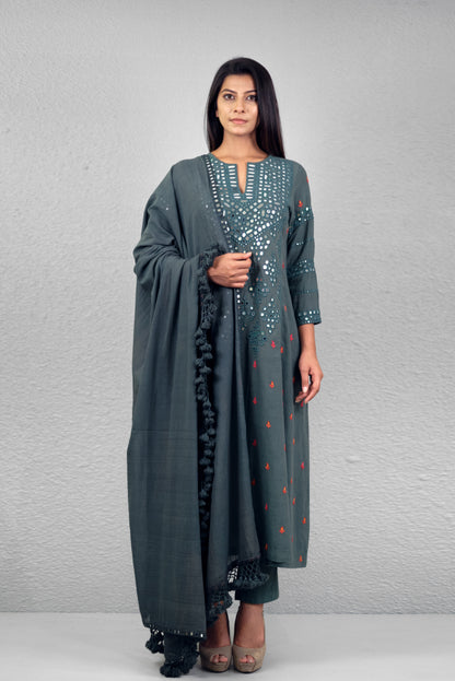 Sage green abha jali yoke kurta