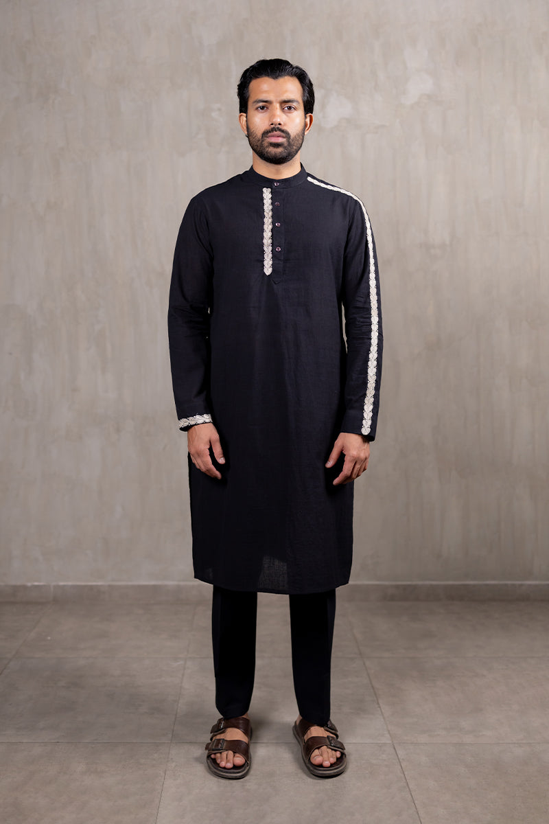 Black Hand Embroidered Heartline Kurta