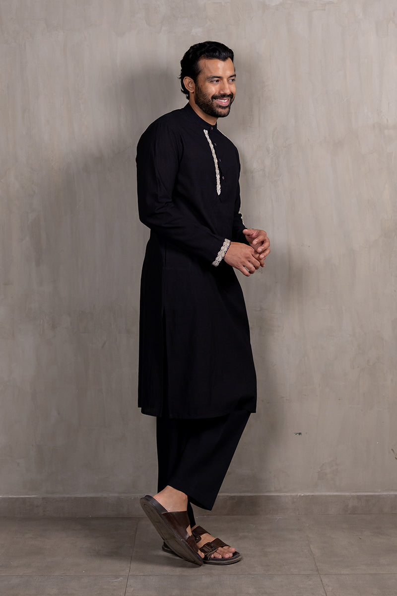 Black Hand Embroidered Heartline Kurta