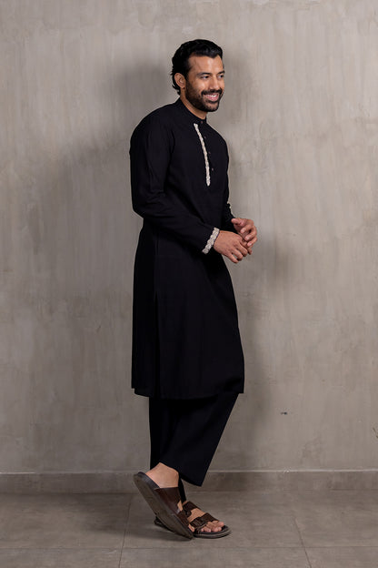Black Hand Embroidered Heartline Kurta