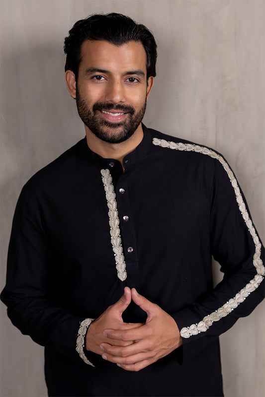 Black Hand Embroidered Heartline Kurta