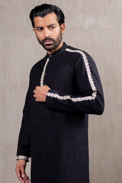 Black Hand Embroidered Heartline Kurta