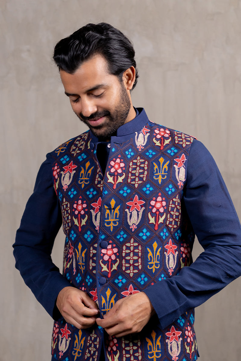 Indigo Morracon Embroidered Bandhgala