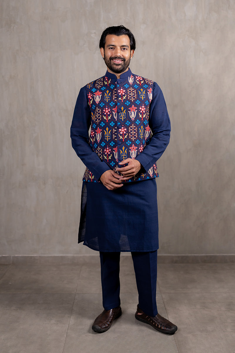 Indigo Morracon Embroidered Bandhgala