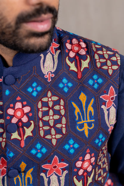 Indigo Morracon Embroidered Bandhgala